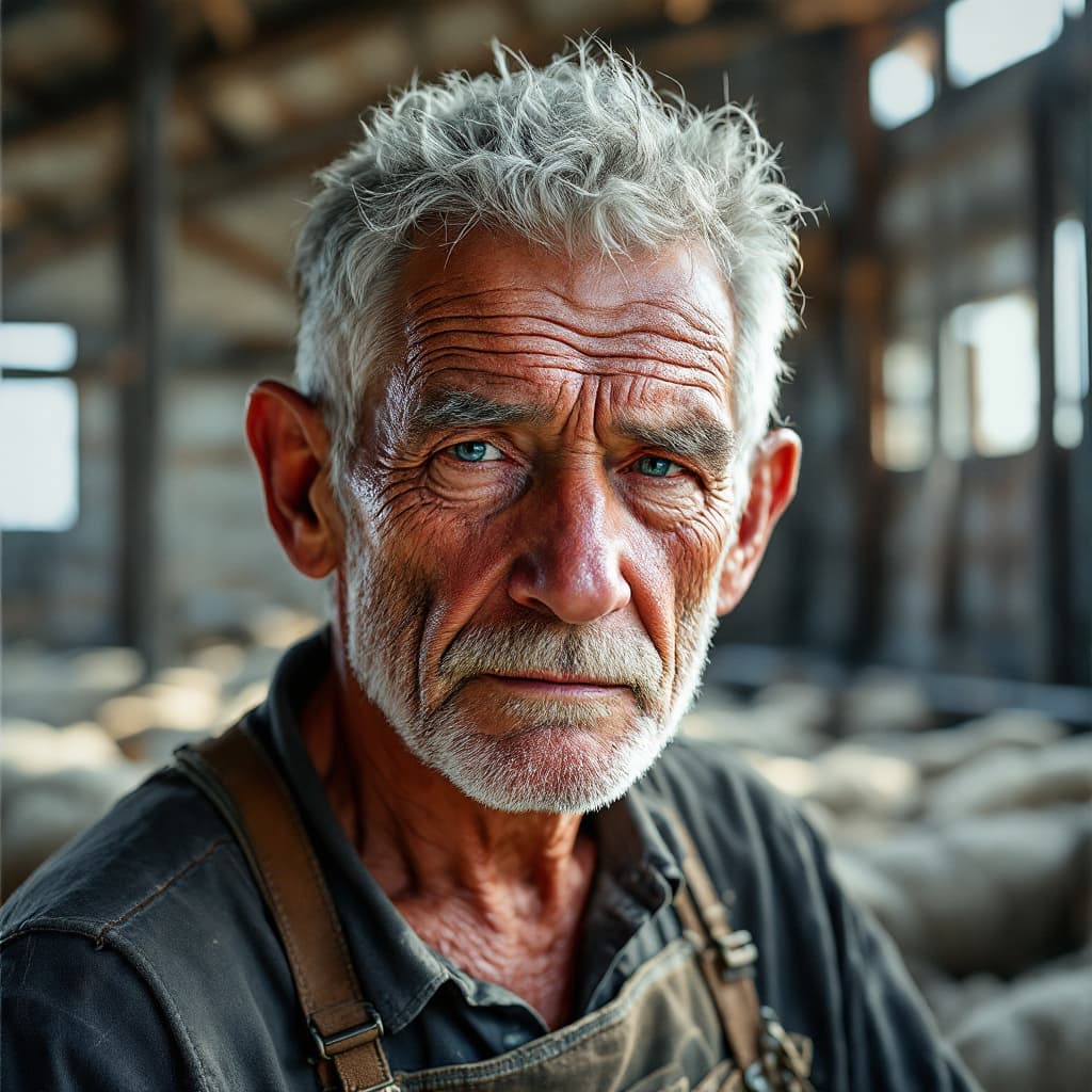 AI generated: Over-detailed portrait of Old Grey-haired shearer with a kind wrinkled face in a double exposure wit...