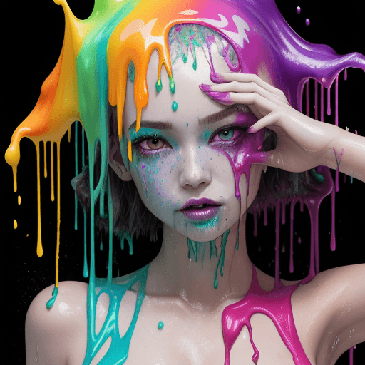 AI generated: oozing gooey leaking dripping wet moist damp coalescing viscous female fashion photography, rainbow ...