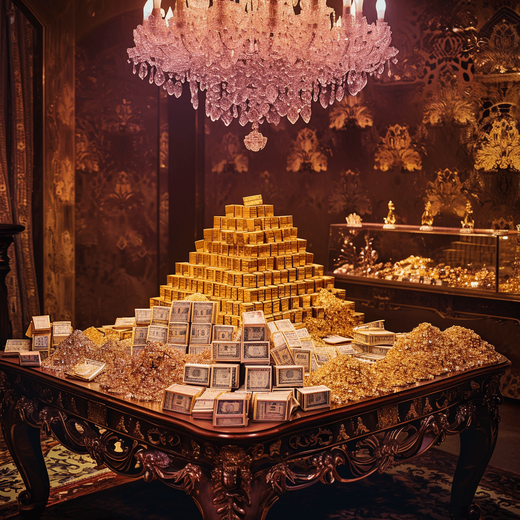 AI generated: A luxurious hotel room is dimly lit. In the center of the room, a large, ornate table is covered in ...