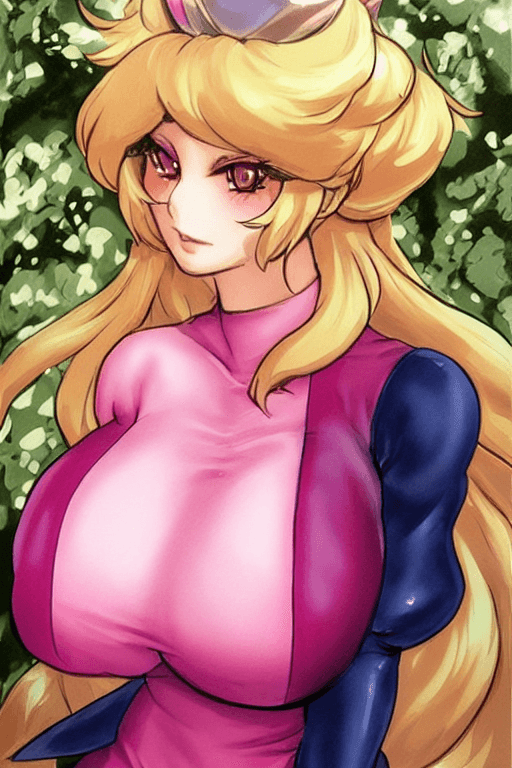 AI generated: ((princess_peach)), (anime face),pink dress, ((((huge breasts)))), blonde hair, female, by Artgerm