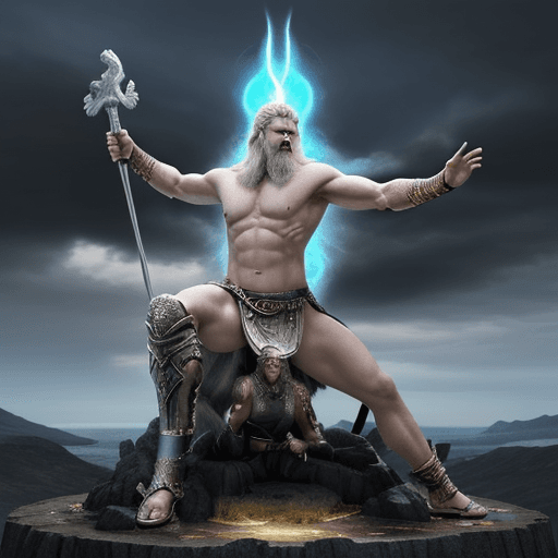 AI generated: Create an epic digital image that depicts a colossal battle between Zeus and Odin, the supreme gods ...