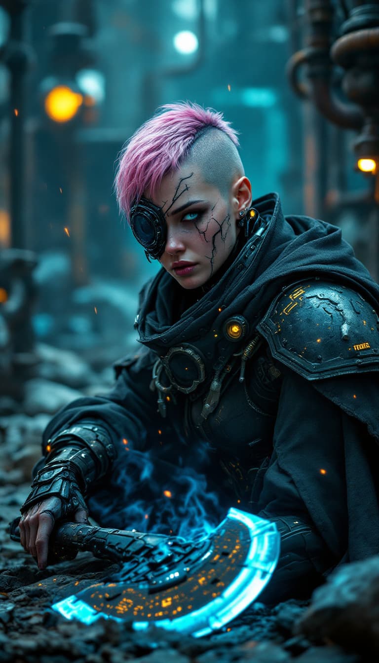 AI generated: A cinematic digital artwork featuring a formidable, female cybernetic warrior in a stoic yet weary, ...