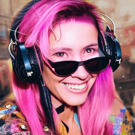 AI generated: beautiful (smiling:1) woman DJ with (pink hair:1.1) wearing (headphones:1.1) and sunglasses and a le...