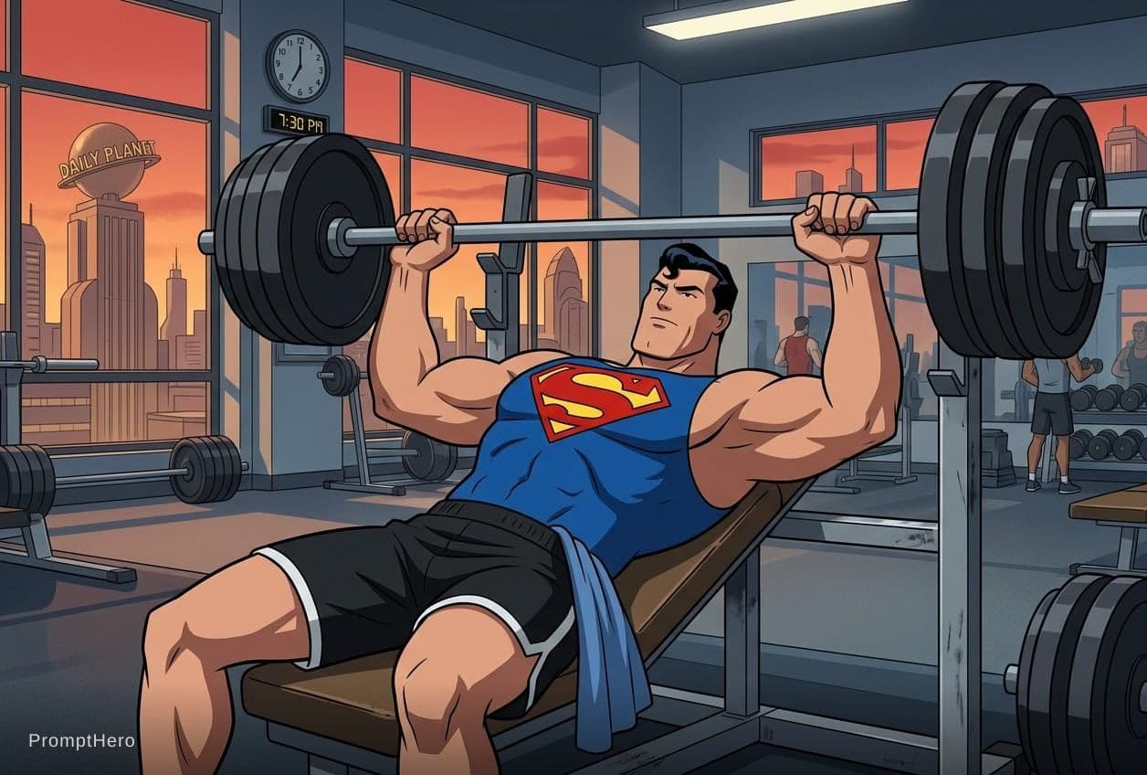 AI generated: Benchpressing wearing gym shorts and a superman tanktop