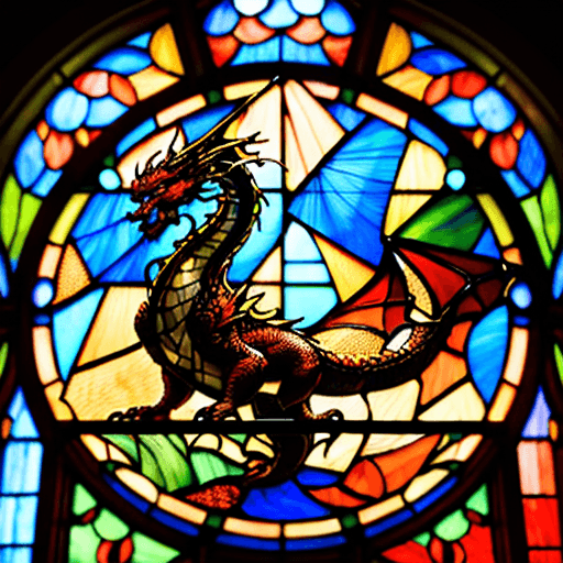 AI generated: a vibrant stained glass art piece of one Chinese red dragon, Rays of sunlight shine through the wind...