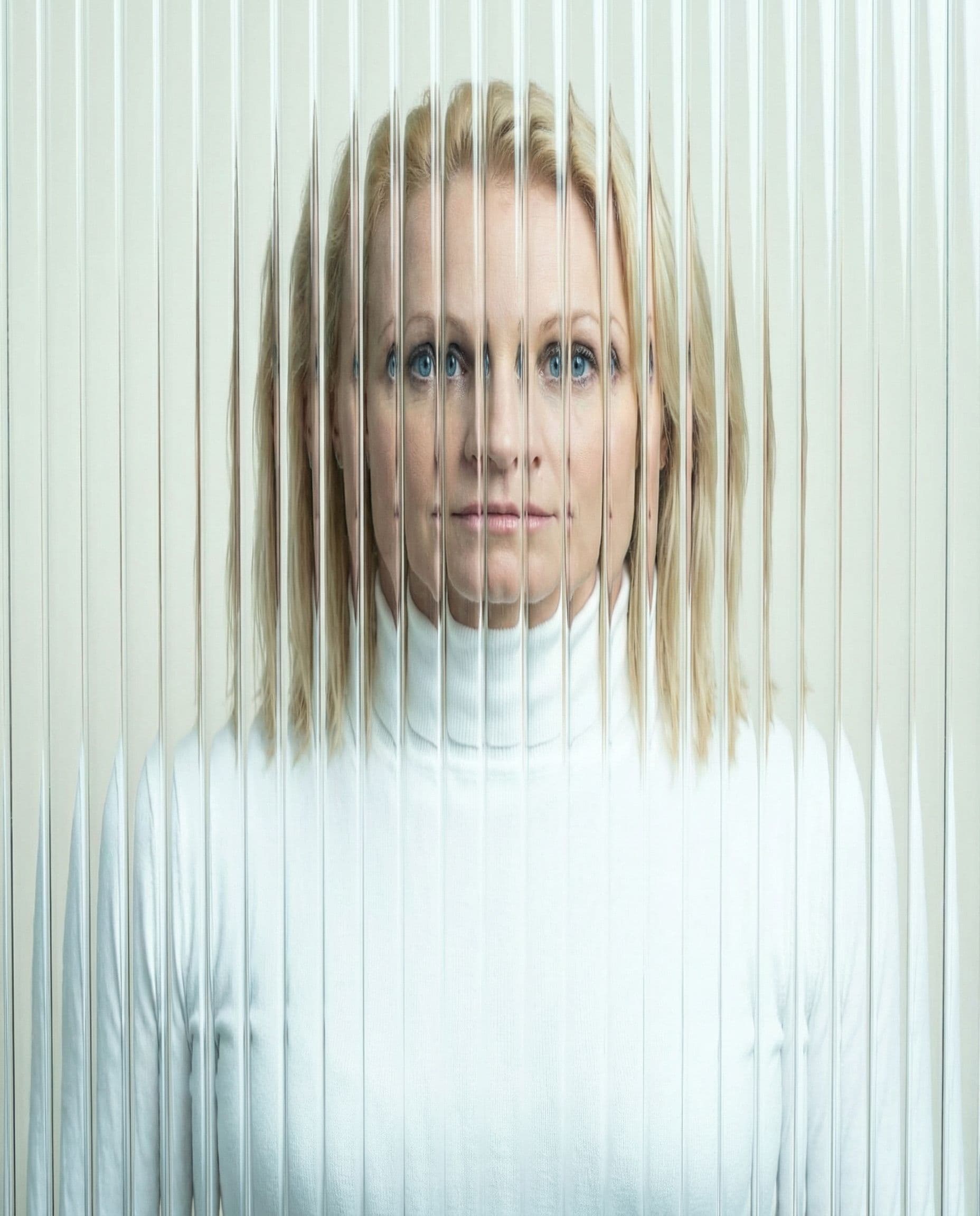 AI generated: high resolution photography, front central profile, woman facing front, gaze to front, wearing a whi...