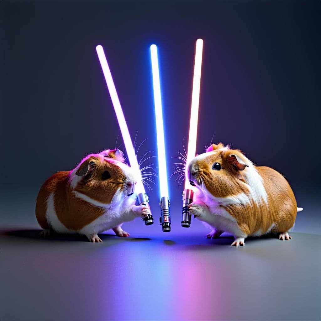 AI generated: A whimsical scene unfolds: guinea pigs have stumbled upon lightsabers, engaging in an unlikely, chee...