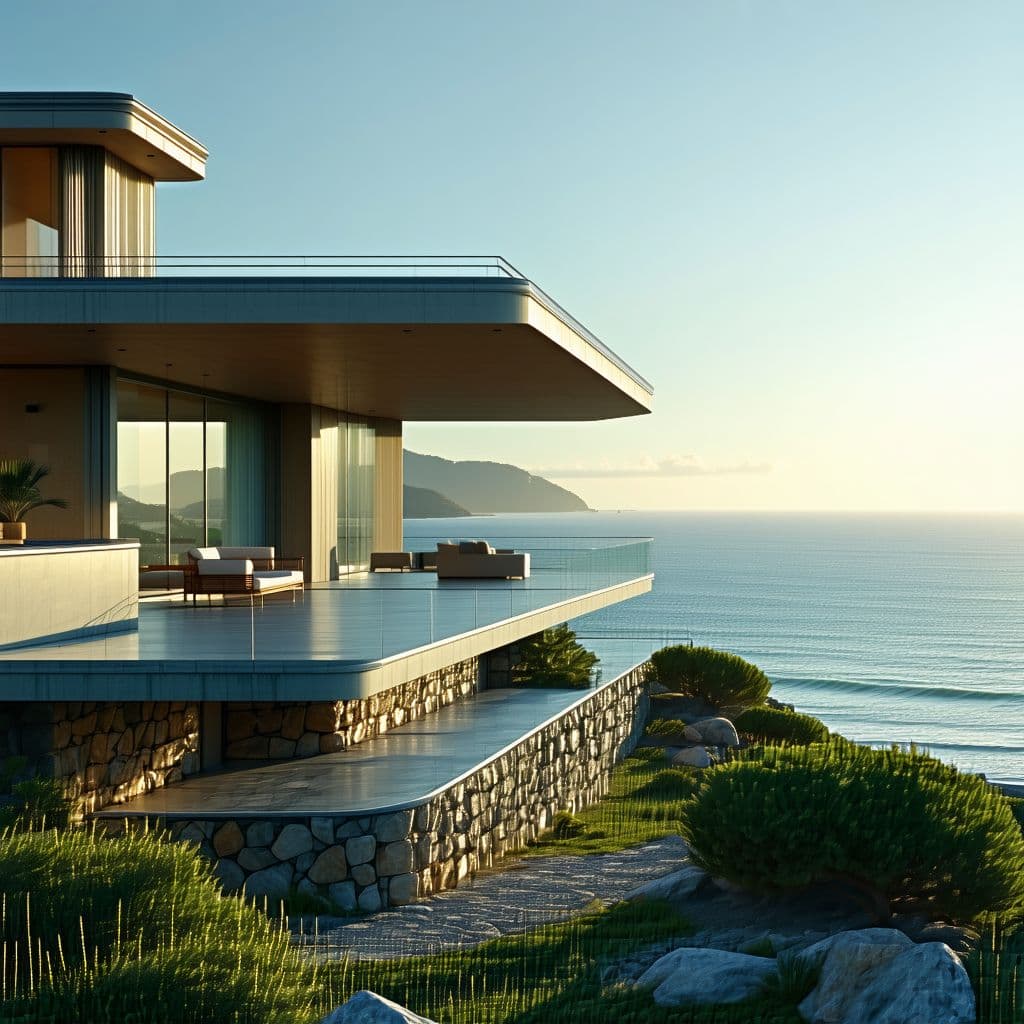 AI generated: Hyper realistic eye level exterior photo of a mid century modern style house overlooking the ocean, ...