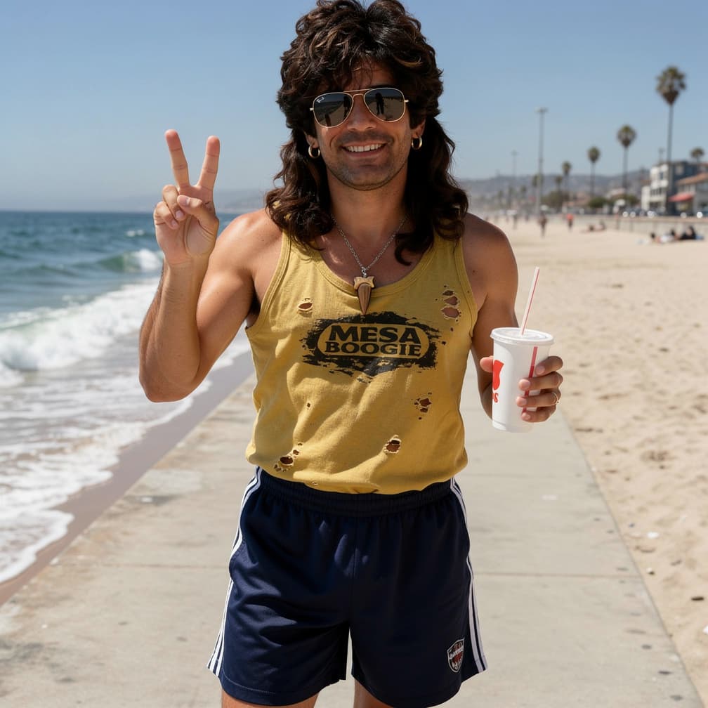 AI generated: Wide shot of an 80's Rock musician at leisure at the beach on a hot, summer day at the pier in Redon...