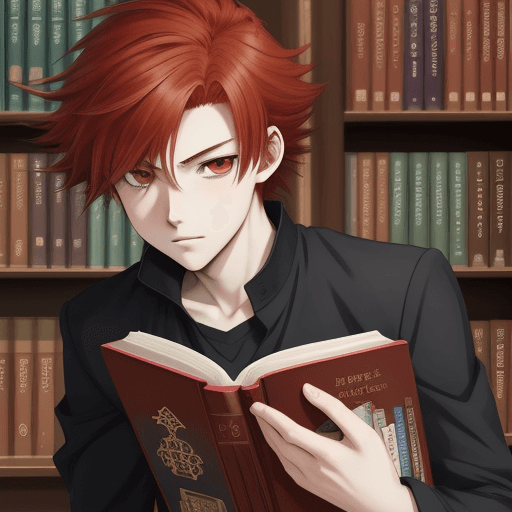 AI generated: manga, anime, boy with dark-red hair, book, library --w 1080 --h 1920