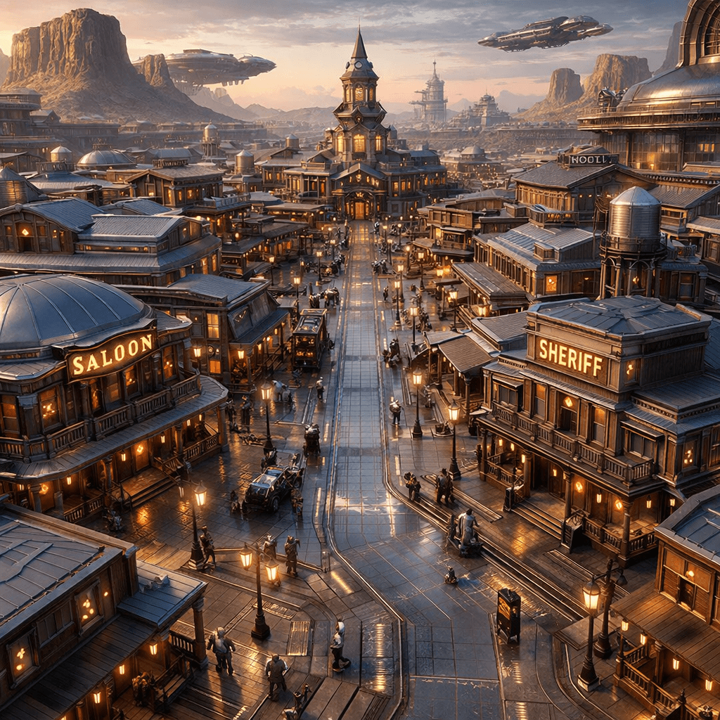 AI generated: Display an aerial view of a sleek, futuristic Old American Western City, a reminder of the rough ter...