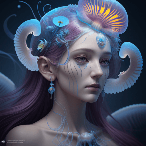 AI generated: Goddess close-up portrait ribcagel. jellyfish phoenix head, nautilus, orchid, skull, betta fish, bio...
