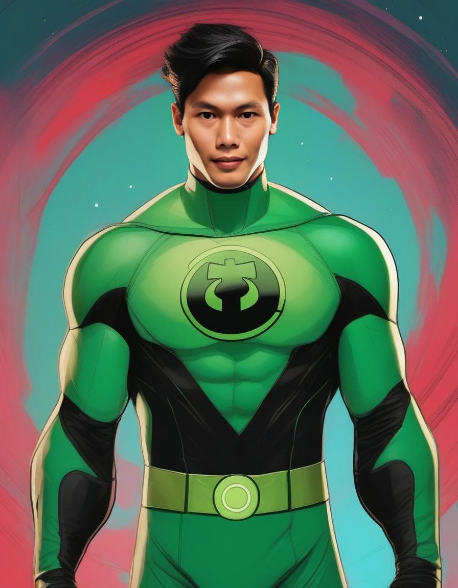 AI generated: full body portrait of a man in green lantern suit, in the style of light sky-blue and crimson, digit...