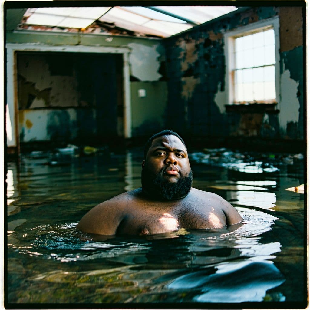AI generated: grainy 80's photograph quality polaroid of big fat round black man drowning caught in an abandoned h...