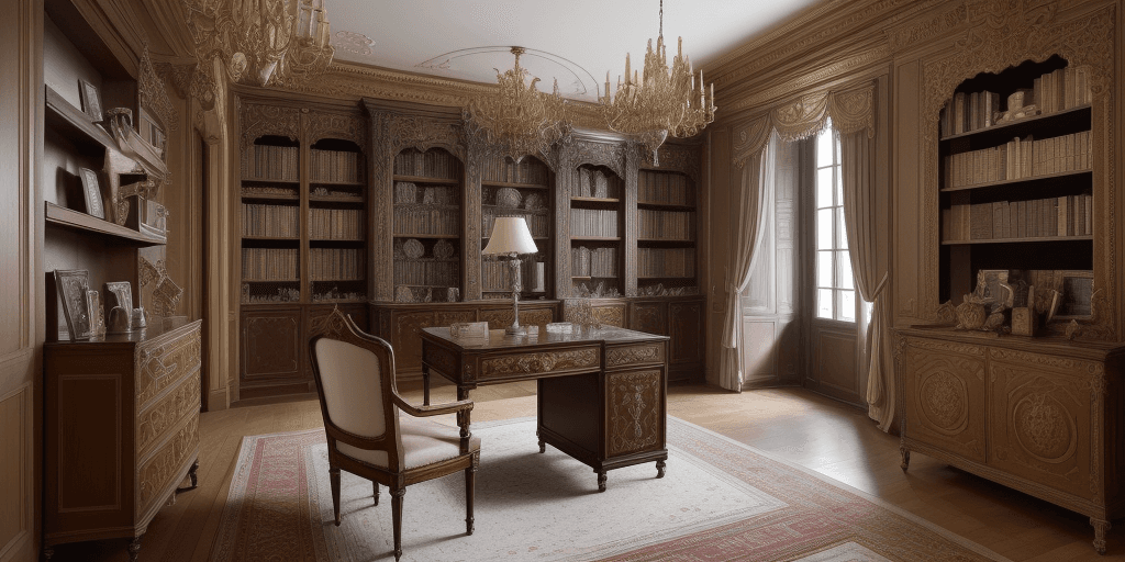AI generated: The room is a masterpiece of old and new, with antique furniture that has been subtly updated for mo...