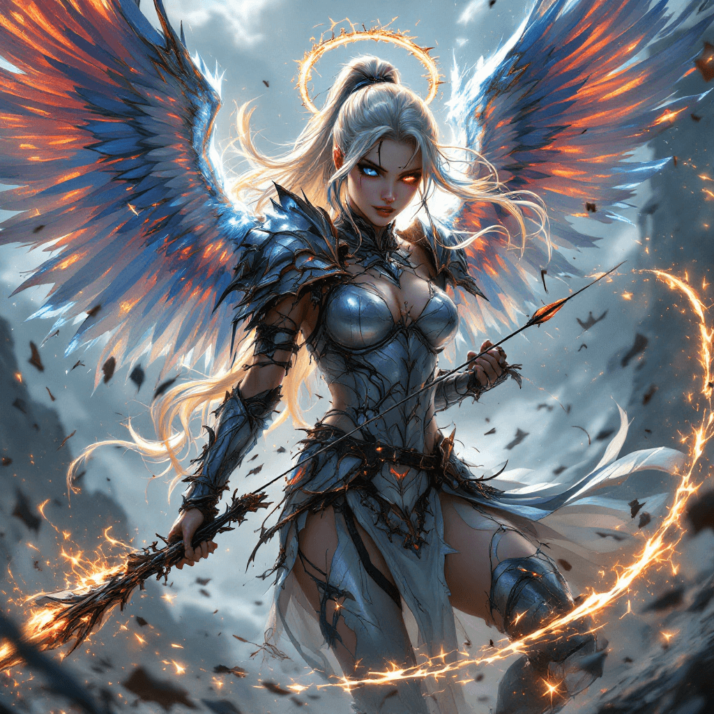 AI generated: The Fallen Seraphim Huntress: A celestial warrior with long, platinum blonde hair streaked with blac...
