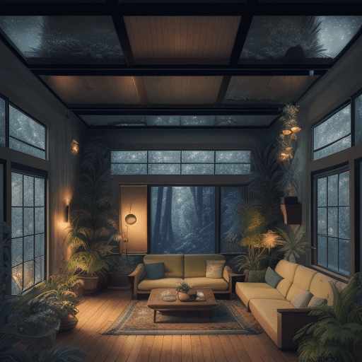AI generated: High resolution photography interior design, dreamy sunken living room conversation pit, wooden floo...