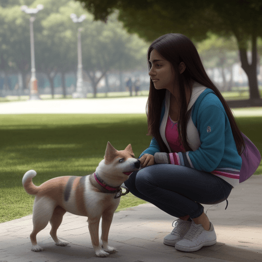 AI generated: UNA JOVEN CON UN PERRITO SHISUT EN UN PARQUE