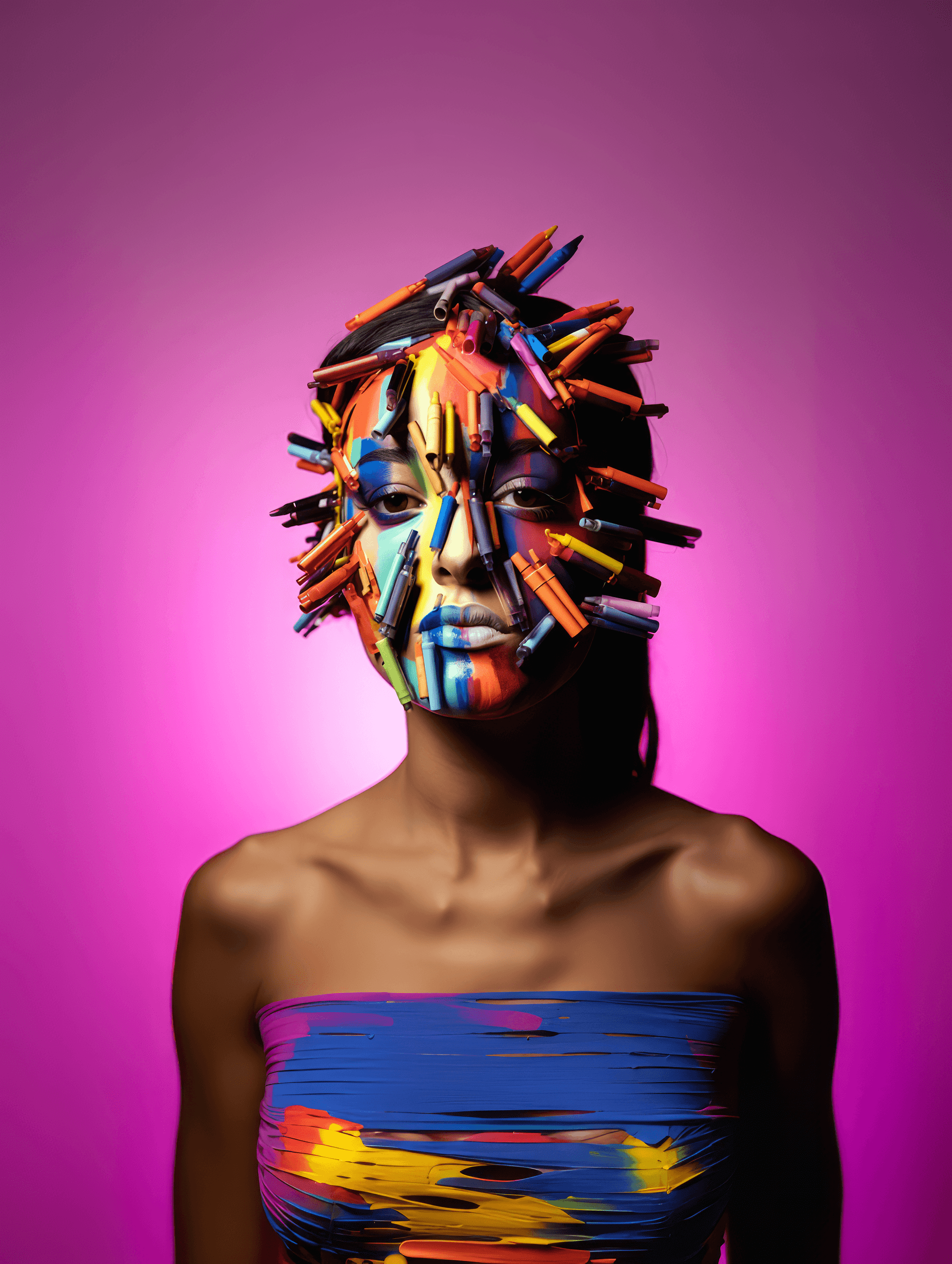 AI generated: Kaleidoscope of crayon hues Whimsical face shield Pastel backdrop contrast Crafted identity Merging ...