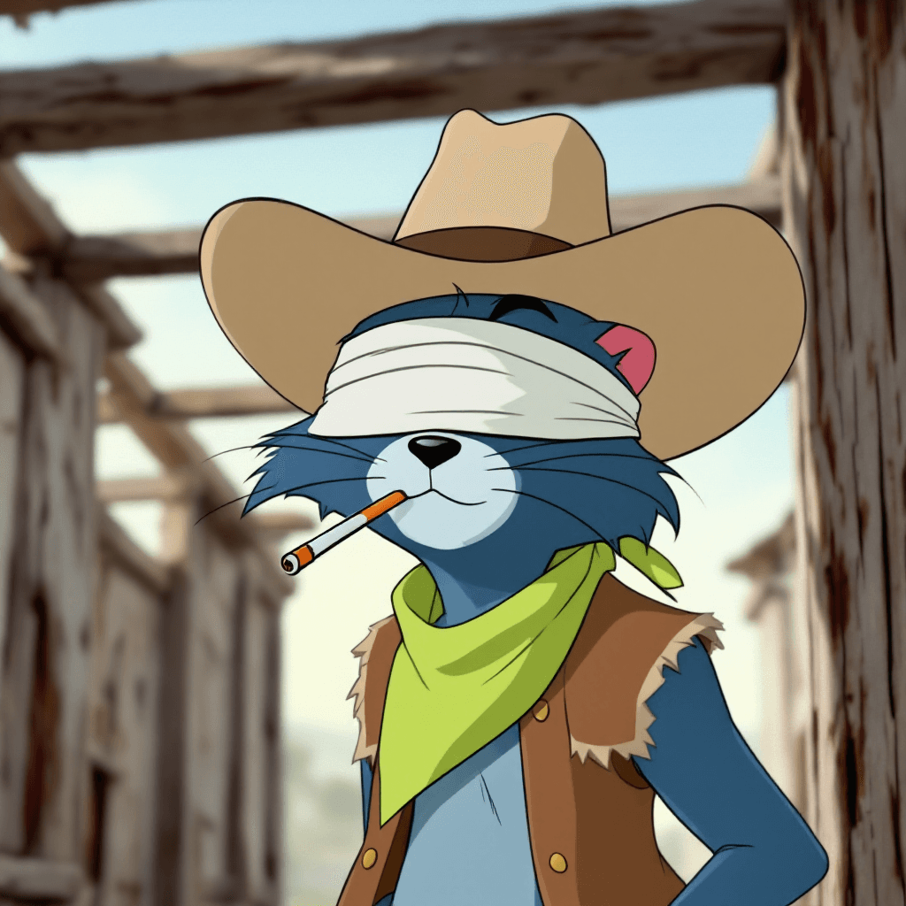 AI generated: Animated cartoon Tom, a blue cat, depicted as a cowboy.  He wears a light-colored cowboy hat, a whit...