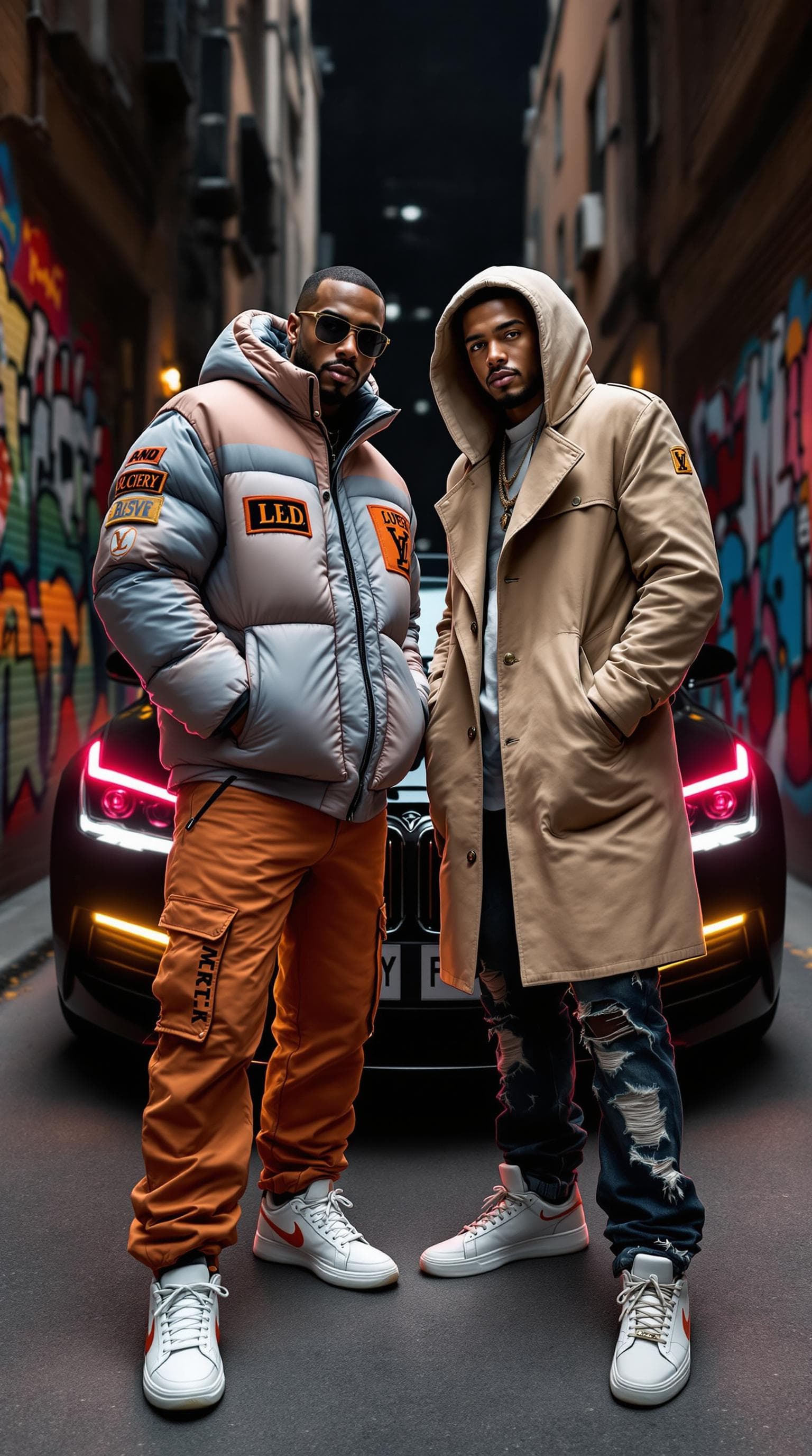 AI generated: Two men in high-end streetwear posing in an alley with graffiti murals. One wears a puffer jacket wi...