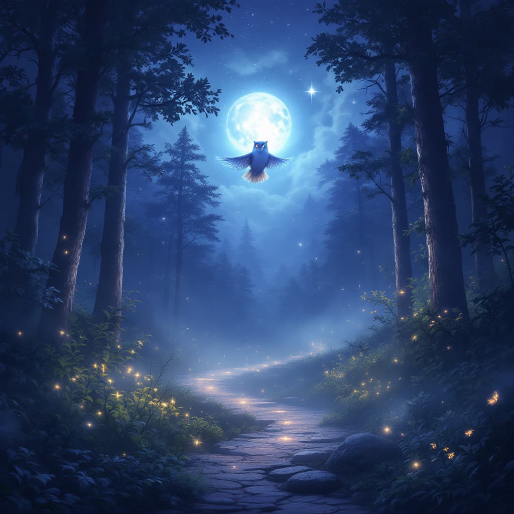 AI generated: a mystical and magical forest scene at night. The forest is bathed in soft moonlight, with glowing p...