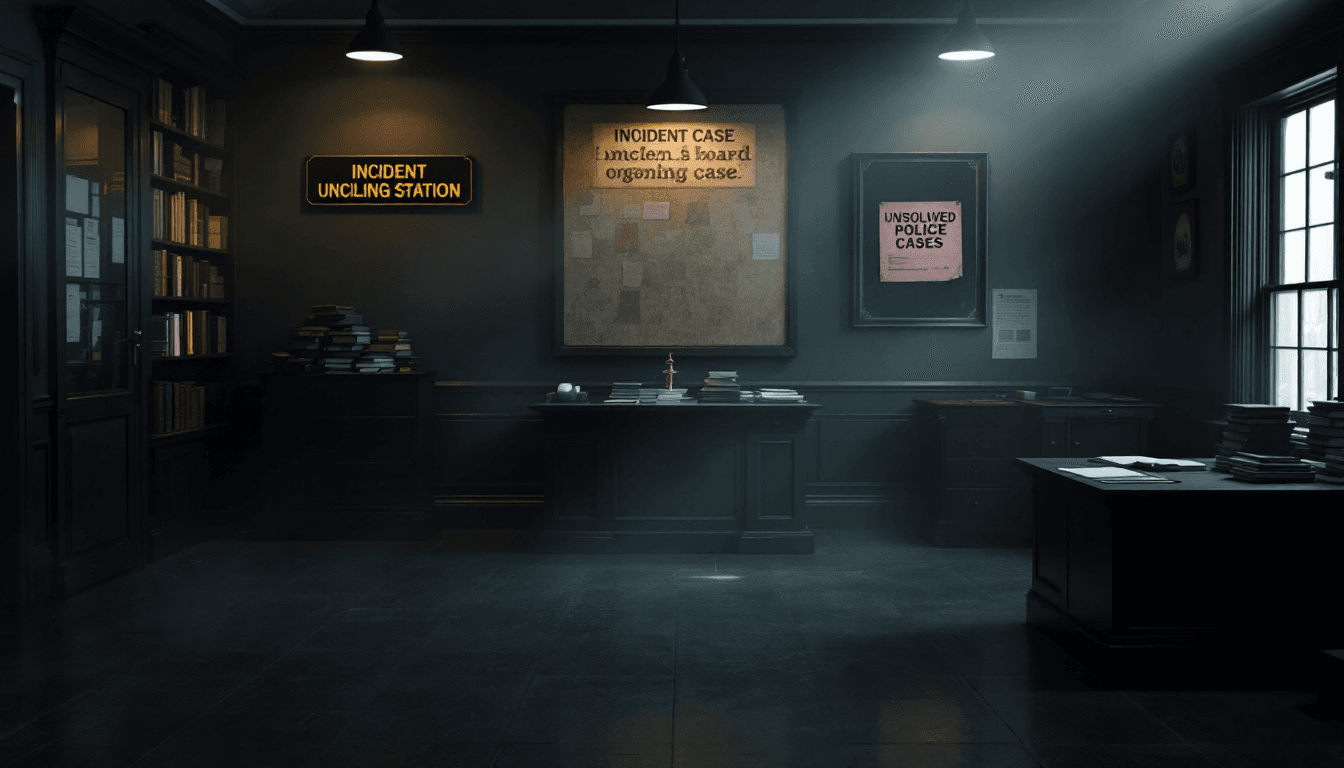 AI generated: create a background of a empty Victorian Police station, make it dimly lit and atmospheric, bookshel...