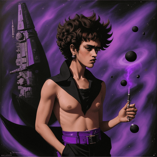 AI generated: Spike Spiegel smokes beside the black hole, purple, black, space, amazing, deep, spaceship, by style...