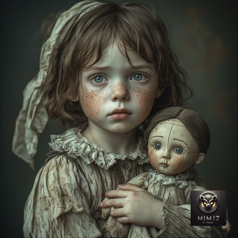 AI generated: Perchance
Hyper-realistic dark Victorian portrait of a dirty orphan child holding a worn cloth doll,...