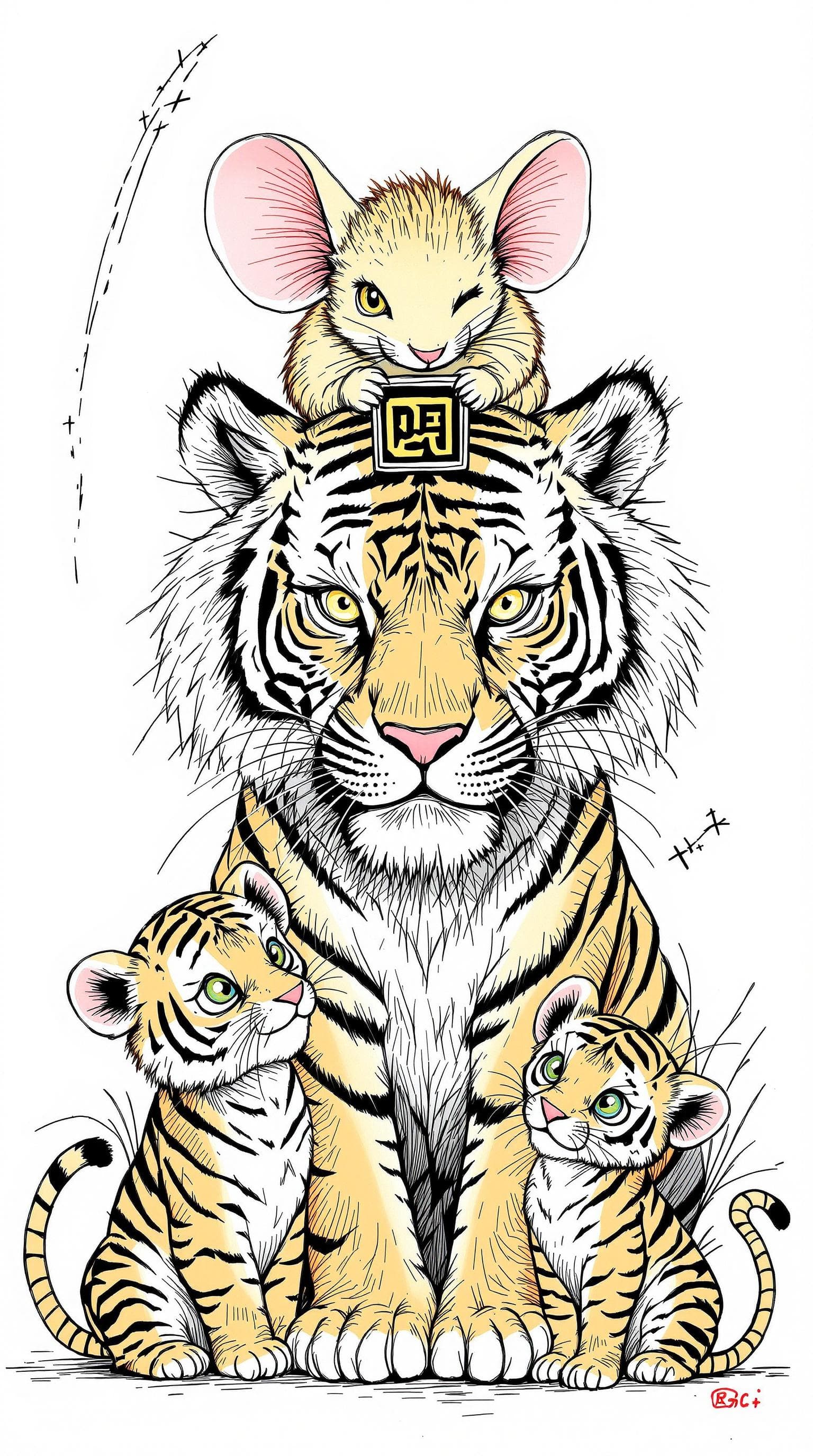 AI generated: Doodle Art,a tiger and two tiger cubs, and a oversized mouse ,with a mouse on the tiger's head, the ...