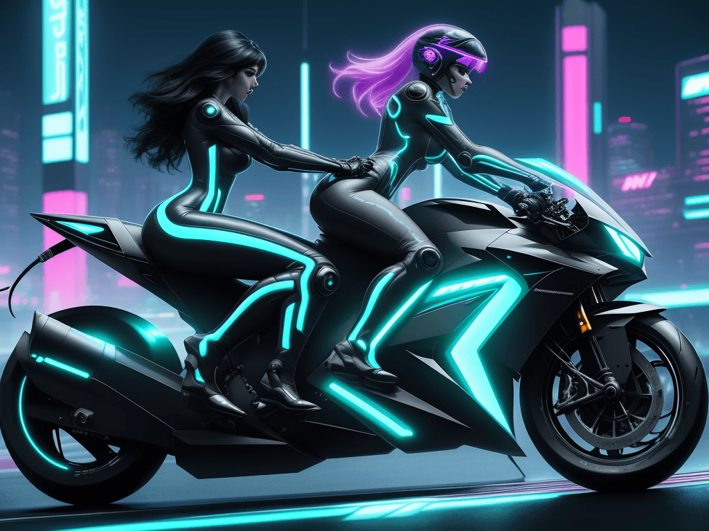 AI generated: Electrifying scene captures a stunning woman astride a futuristic race motorcycle, its sleek frame b...