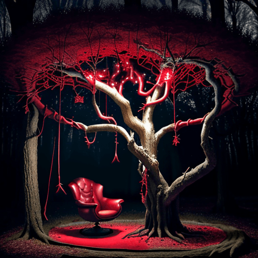 AI generated: Enchanted dark, sleepy, hollow forest, Blood red vines hang from the magic oak tree that grows red p...