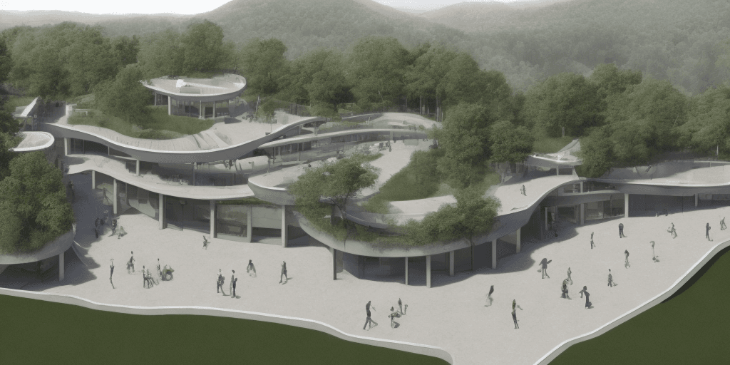 AI generated: ((A commercial center)),*curve concept, have four entrance steps, view to the forest, next to the ma...