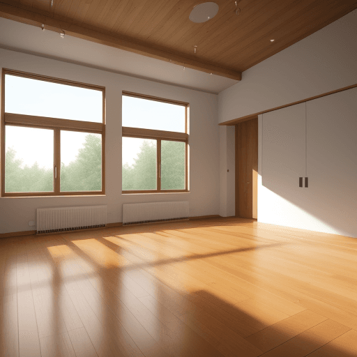 AI generated: an empty room with large windows and wooden floors, in the style of modern room