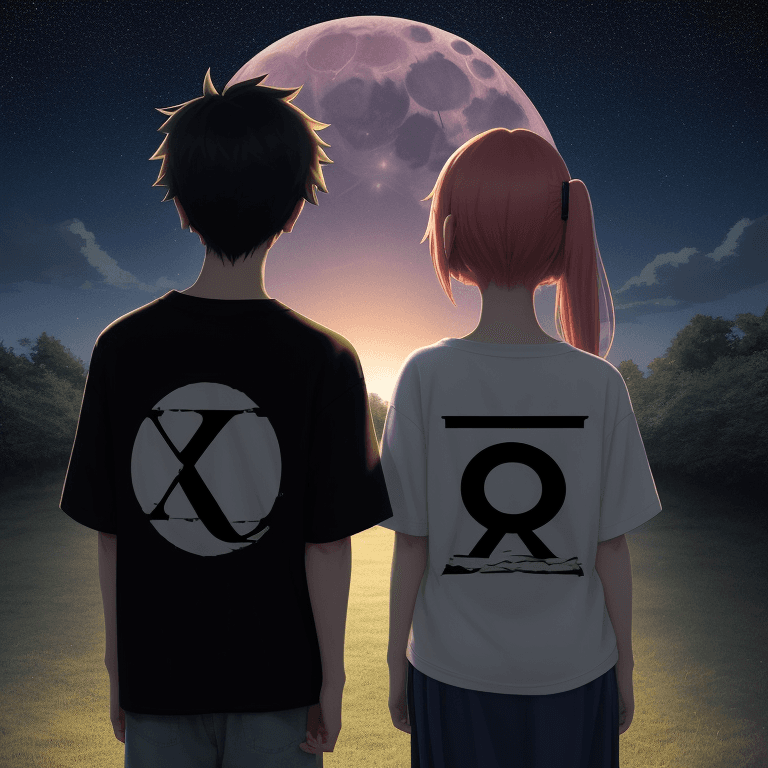 AI generated: A young anime couple stands with their backs to the viewer. The boy's shirt features a large letter ...