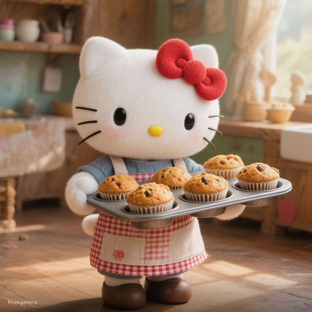 AI generated: Entire body of Hello kitty in an apron holding a muffin tin full of muffins