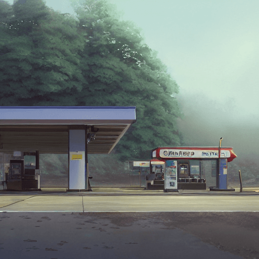 AI generated: a highly detailed matte painting of a single gas station with a sign in the fog by studio ghibli, ma...