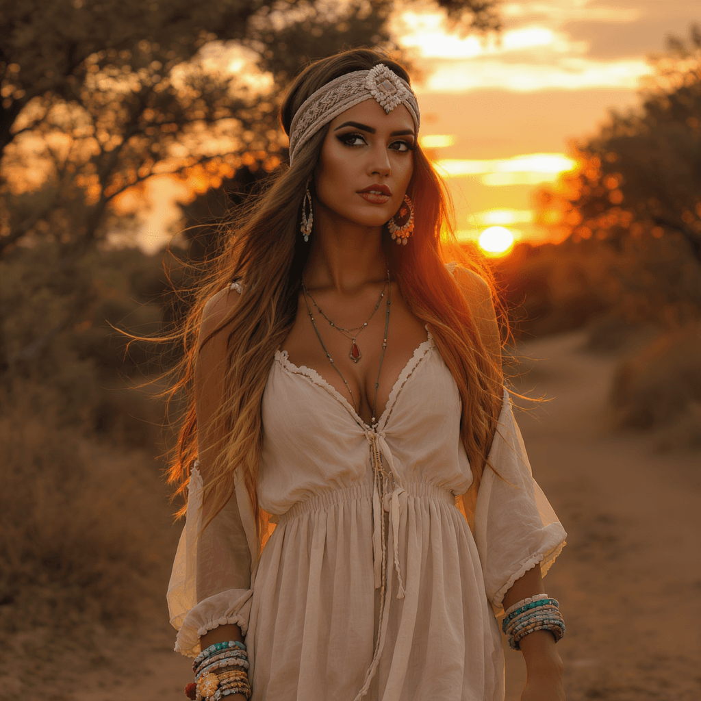 AI generated:  a fashionable bohemian woman, long brown hair with golden highlights, a Boho headband, wearing a Bo...