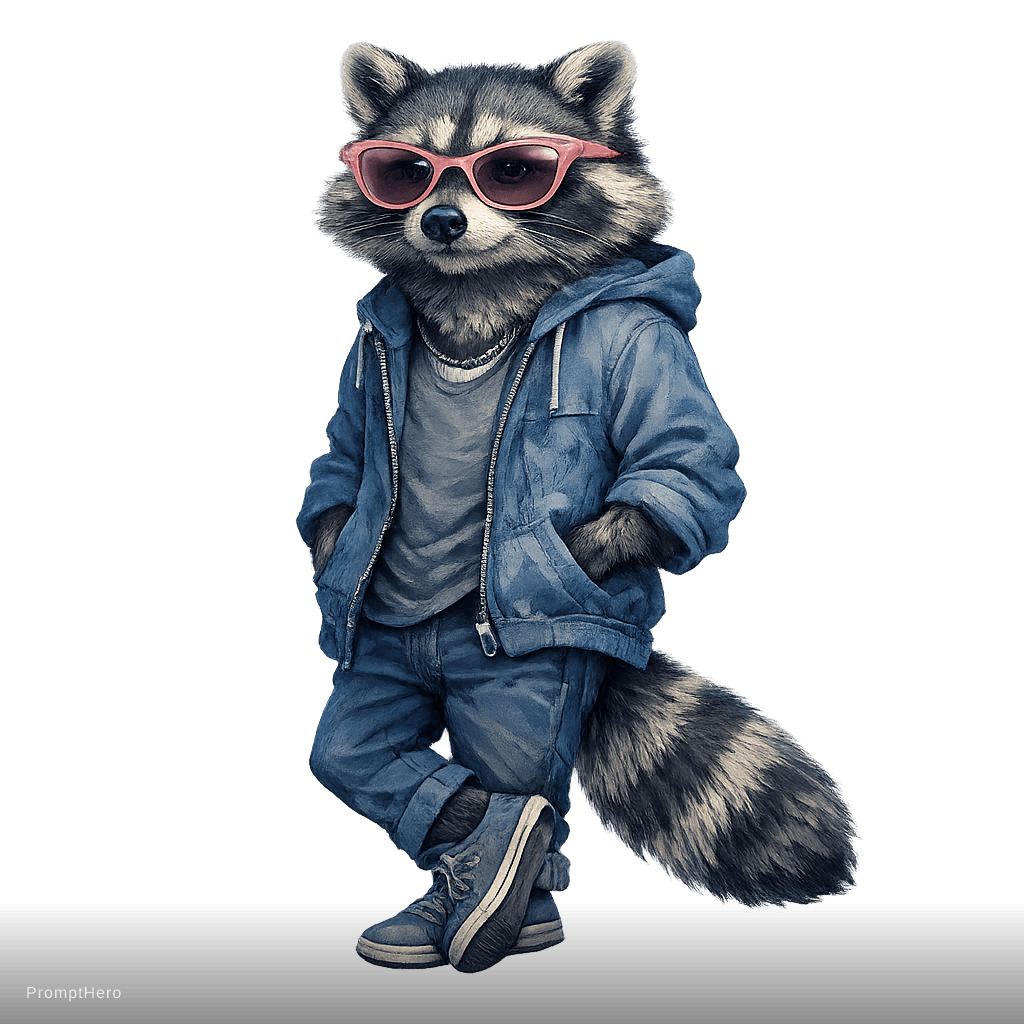 AI generated: mapache con gafas rosadas imagen cuerpo completo en una pose casual, cool tones, blue, muted tones, ...