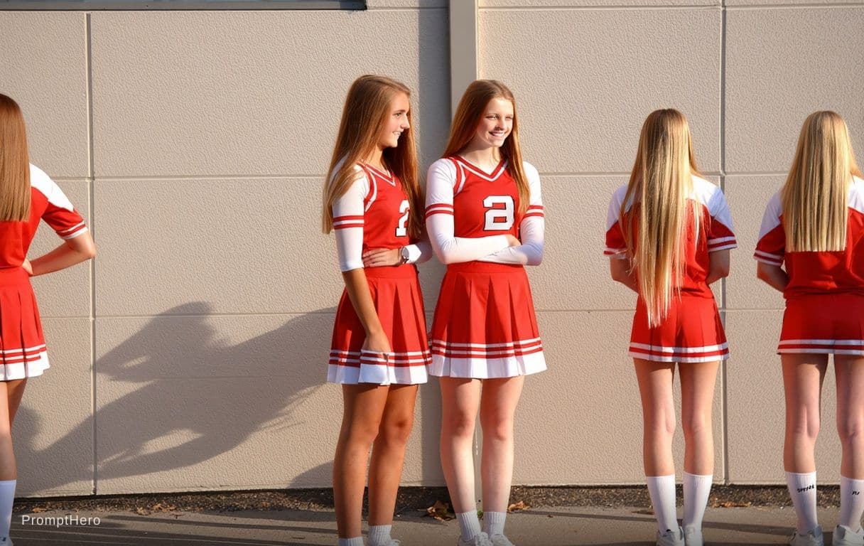 AI generated: Both girls in cheerleader wardrobe other person remain same 