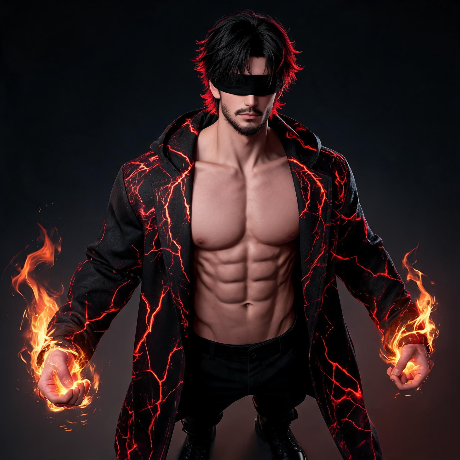AI generated: an attractive muscle man with the power to control combustion and fire wearing a black coat with red...