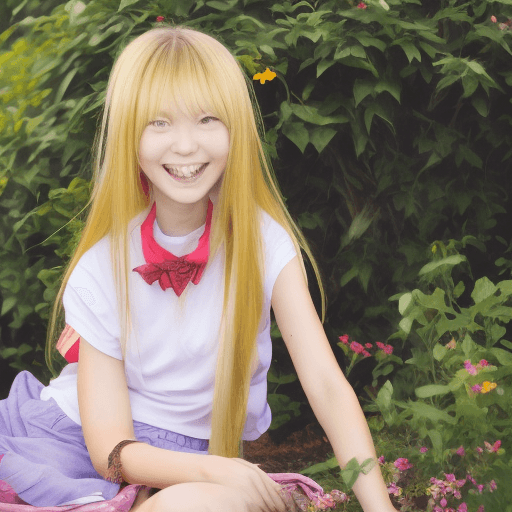 AI generated: Anime, girl, gold haired, happy, 10 years old, sit, garden
