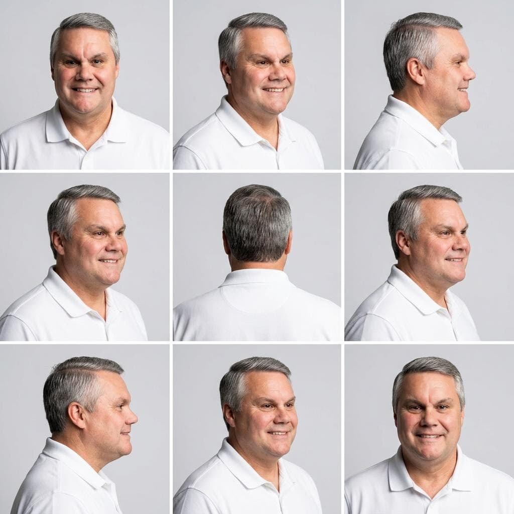 AI generated: remove old background and shirt first and then
create a visual study of 9 images, each where the cha...