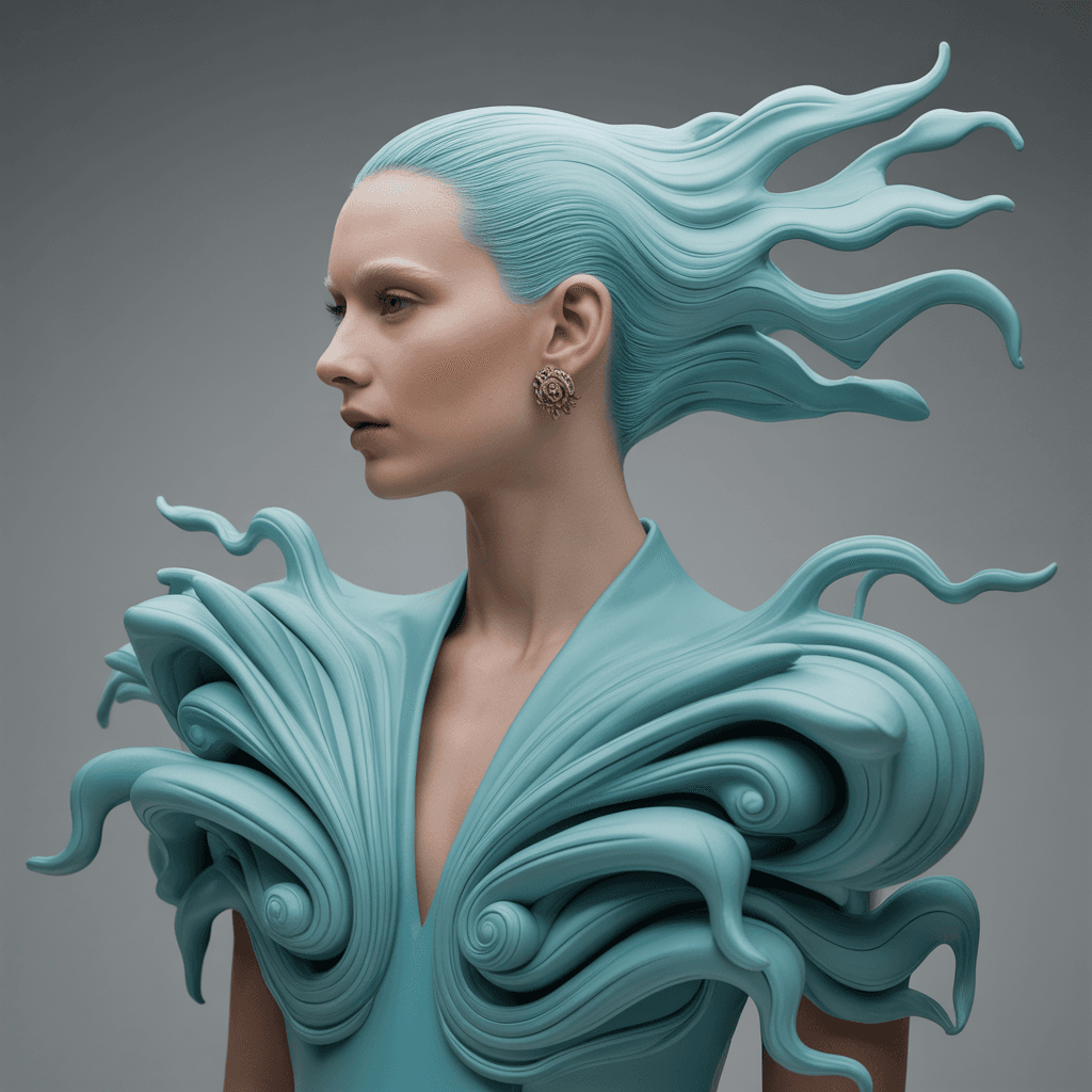 AI generated:  an image of a person with a flowing, sculptural hairstyle and garment that echo the movement of wat...