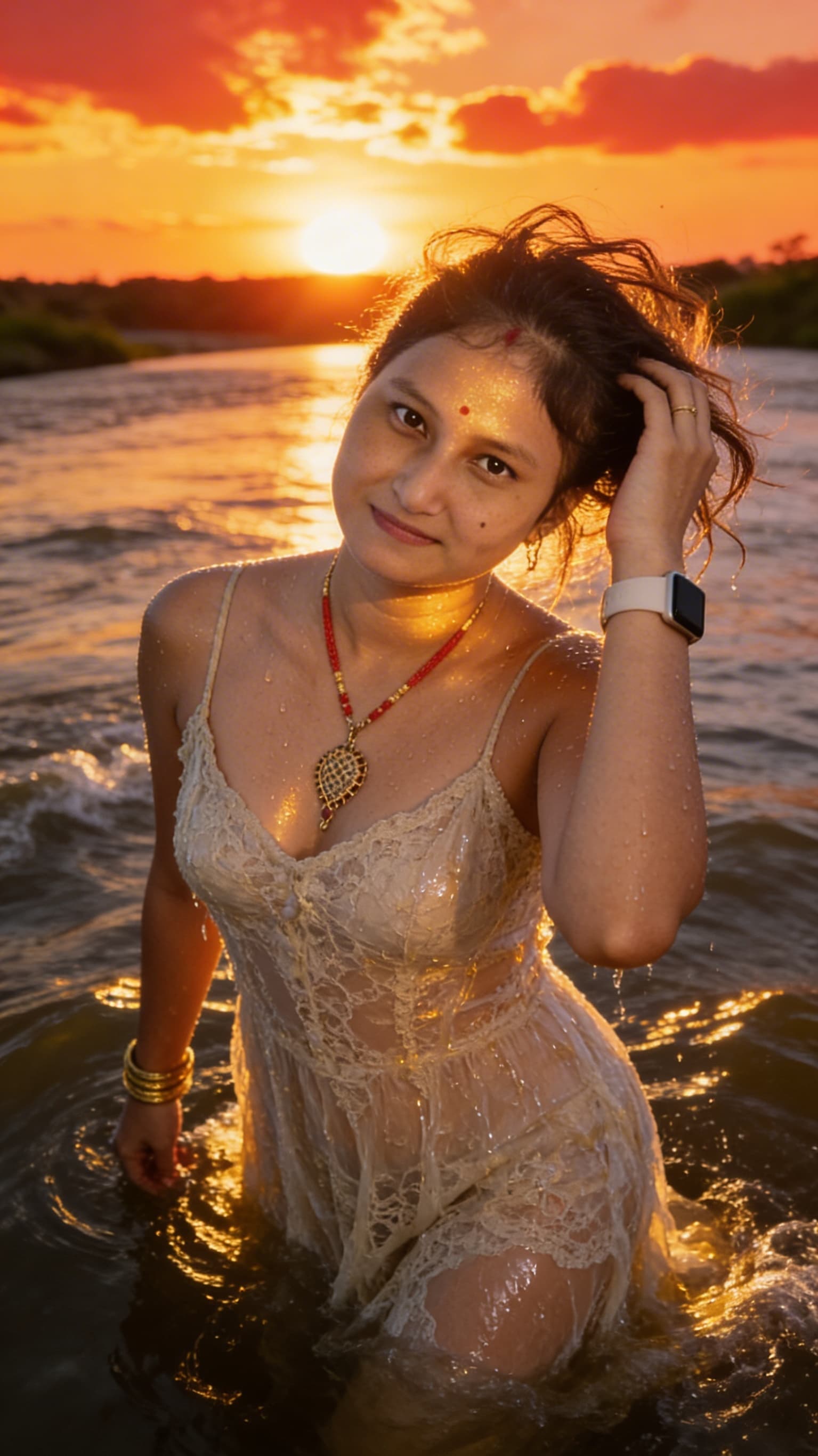 AI generated: The uploaded woman stands by a river. The setting sun, a fiery sunset, golden clouds, and golden rip...