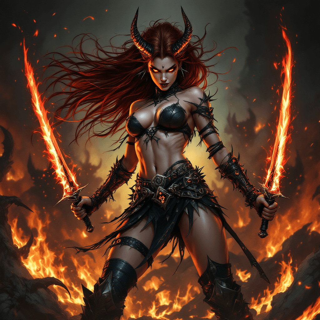 AI generated: 27. The Demonic Blademaster: A formidable and dangerous warrior with long, dark auburn hair, styled ...