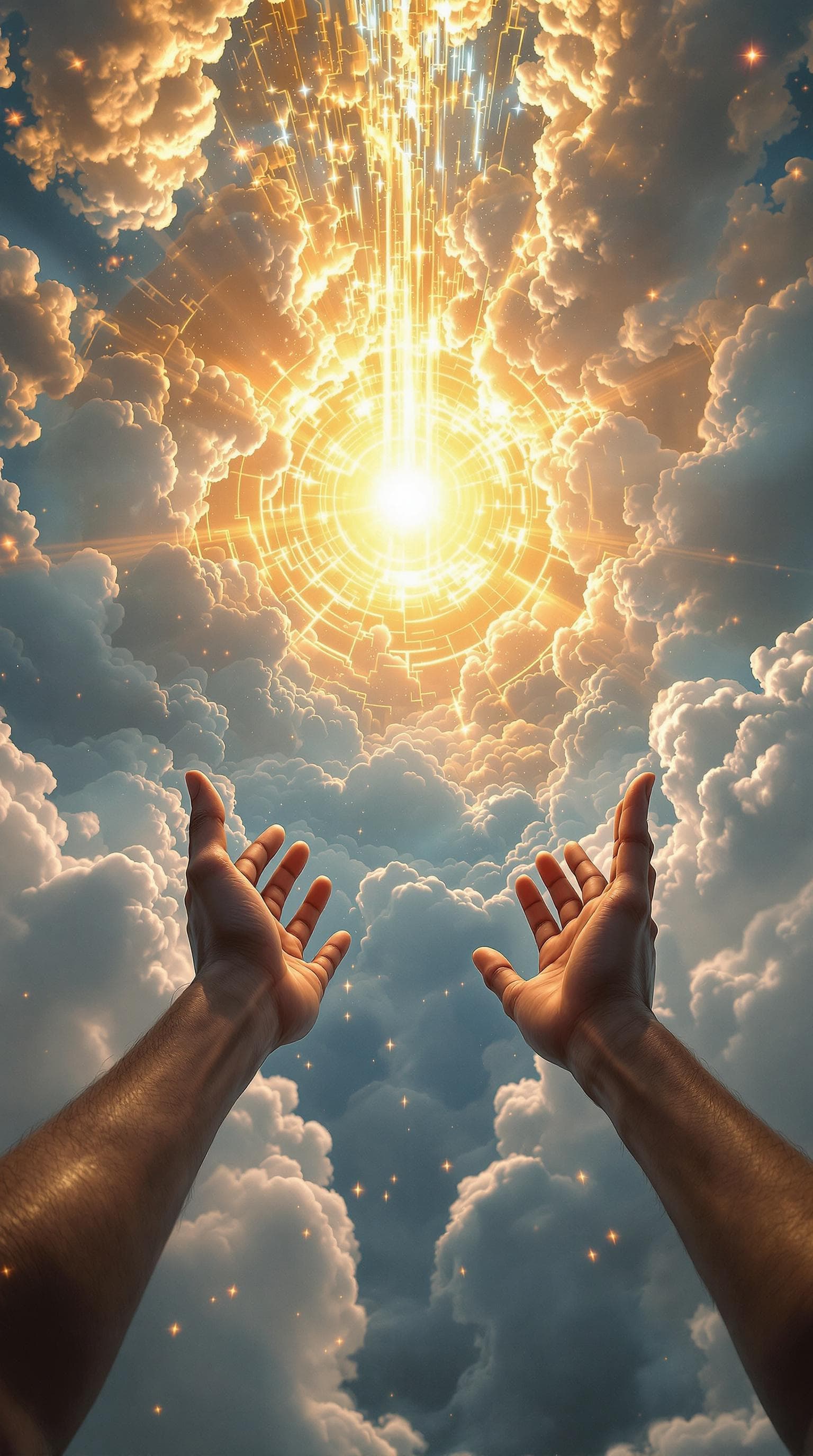 AI generated: first person POV, hands reach into a glowing rift in the sky, gold light bleeding through, clouds pa...