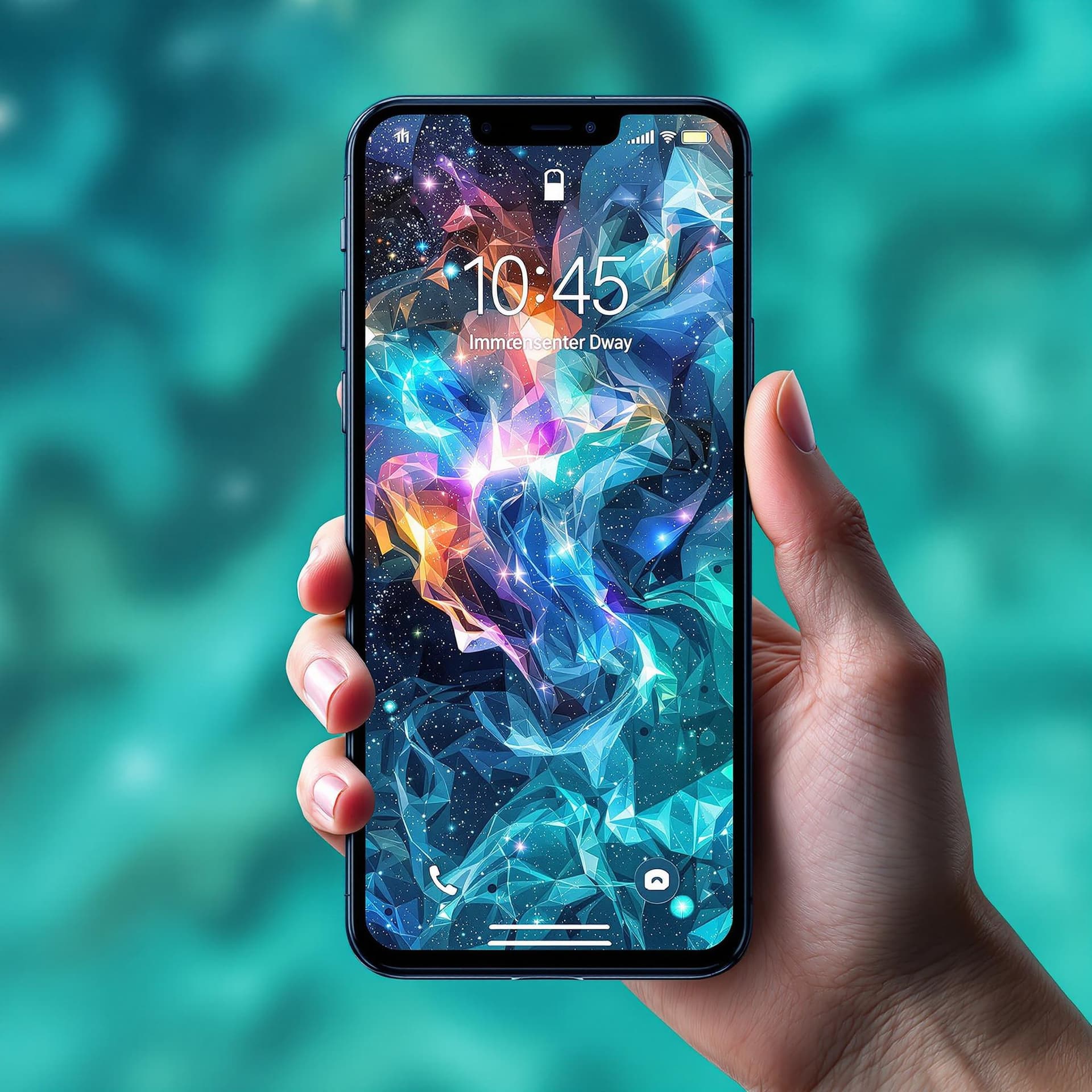 AI generated: a smartphone product showcase, smartphone display showing immersive wallpaper and time, blurred turq...