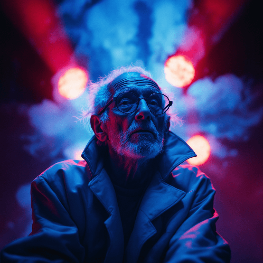 AI generated: fashion editorial, a portrait of old man is studio red and blue lights in style Alain Laboile, highr...