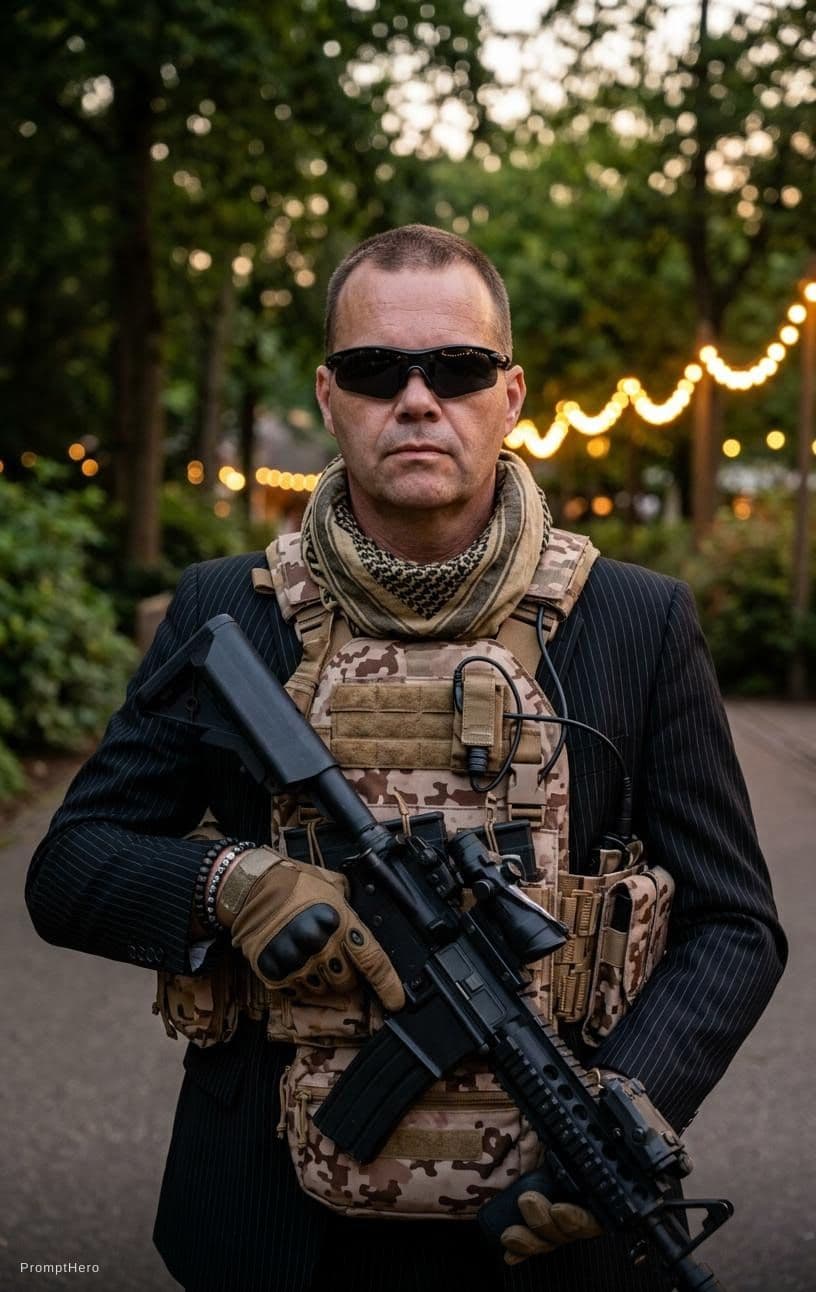 AI generated: Light-skinned , male mid-40s, short cut  hairstyle, wearing dark sunglasses,  serious expression.  h...